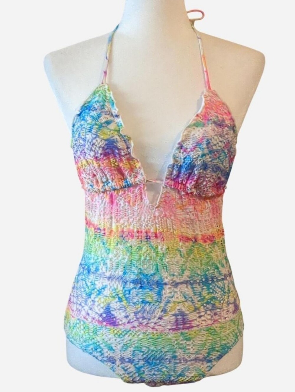 🌈 BOHO Rainbow Textured One Piece Swimsuit — OceanPacific(OP)Smocked V-Neck M